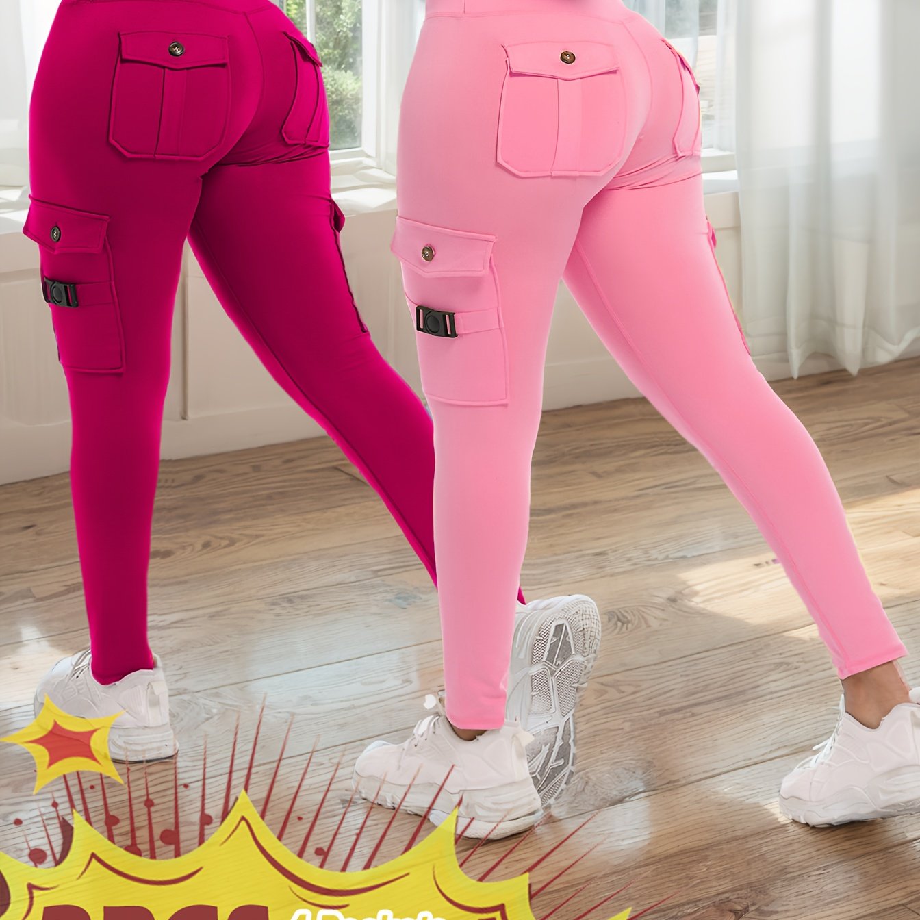 2-Pack High-Waisted Cargo Yoga Leggings with Slide Buckle Pockets - Tummy Control, 4 Pockets, Breathable, Four-Way Stretch, Moisture-Wicking, Fitness Pants for Running, Gym, And Yoga Enthusiasts