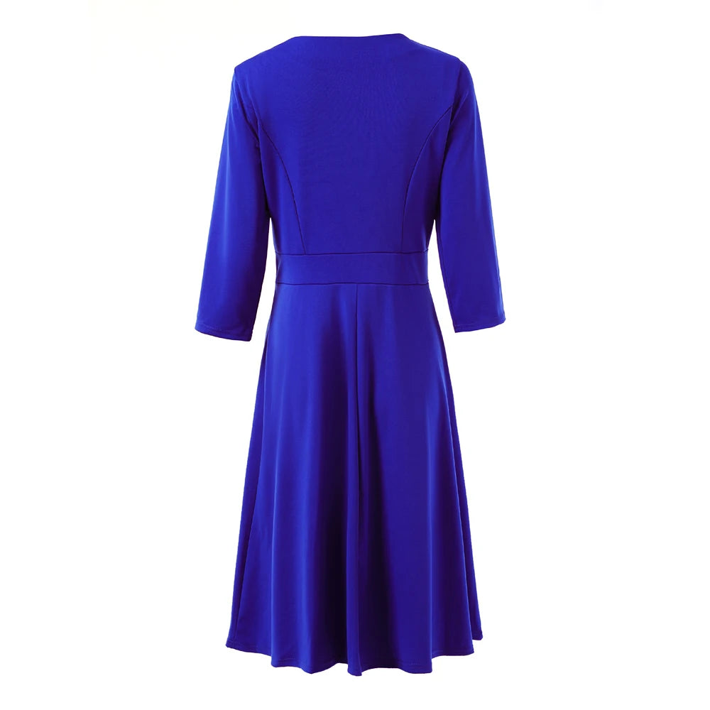 Elegant Solid A-Line Dresses for Women Fashion O-Neck Single-Breasted Design Pockets Decor High Waist Party Dress Slim Vestidos