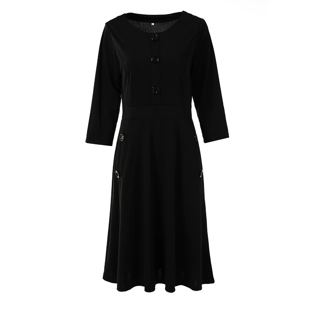 Elegant Solid A-Line Dresses for Women Fashion O-Neck Single-Breasted Design Pockets Decor High Waist Party Dress Slim Vestidos