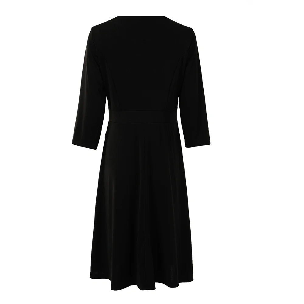 Elegant Solid A-Line Dresses for Women Fashion O-Neck Single-Breasted Design Pockets Decor High Waist Party Dress Slim Vestidos