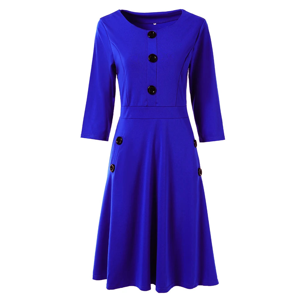 Elegant Solid A-Line Dresses for Women Fashion O-Neck Single-Breasted Design Pockets Decor High Waist Party Dress Slim Vestidos