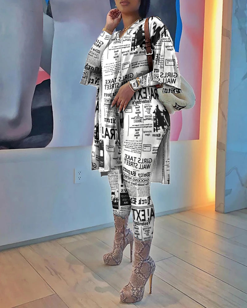 2025 Women Spring Autumn Casual Loose 2 Piece Set Women Outfits Women'S Newspaper Print Tops And Pants High Waist Casual Suit