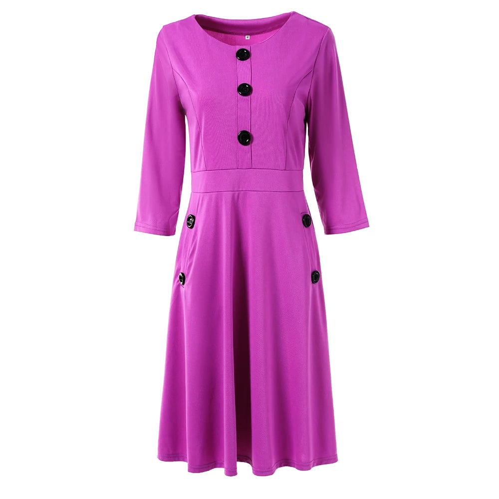 Elegant Solid A-Line Dresses for Women Fashion O-Neck Single-Breasted Design Pockets Decor High Waist Party Dress Slim Vestidos