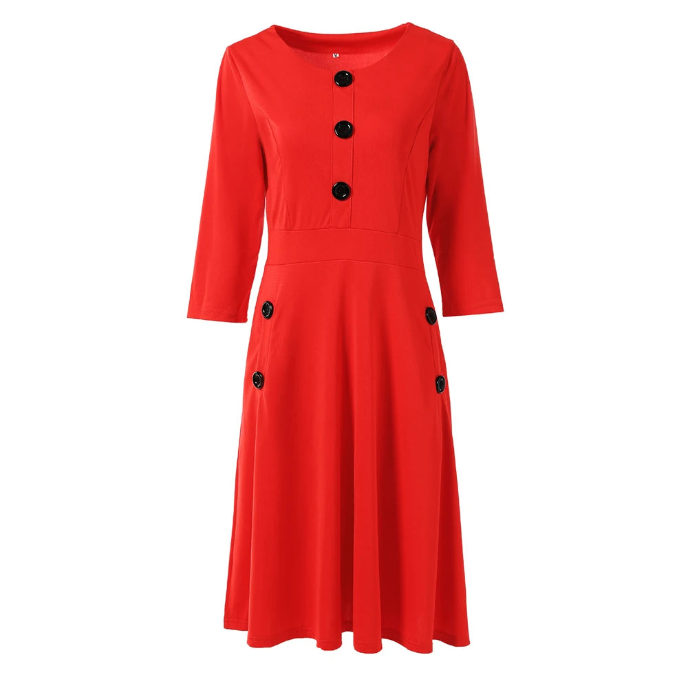 Elegant Solid A-Line Dresses for Women Fashion O-Neck Single-Breasted Design Pockets Decor High Waist Party Dress Slim Vestidos