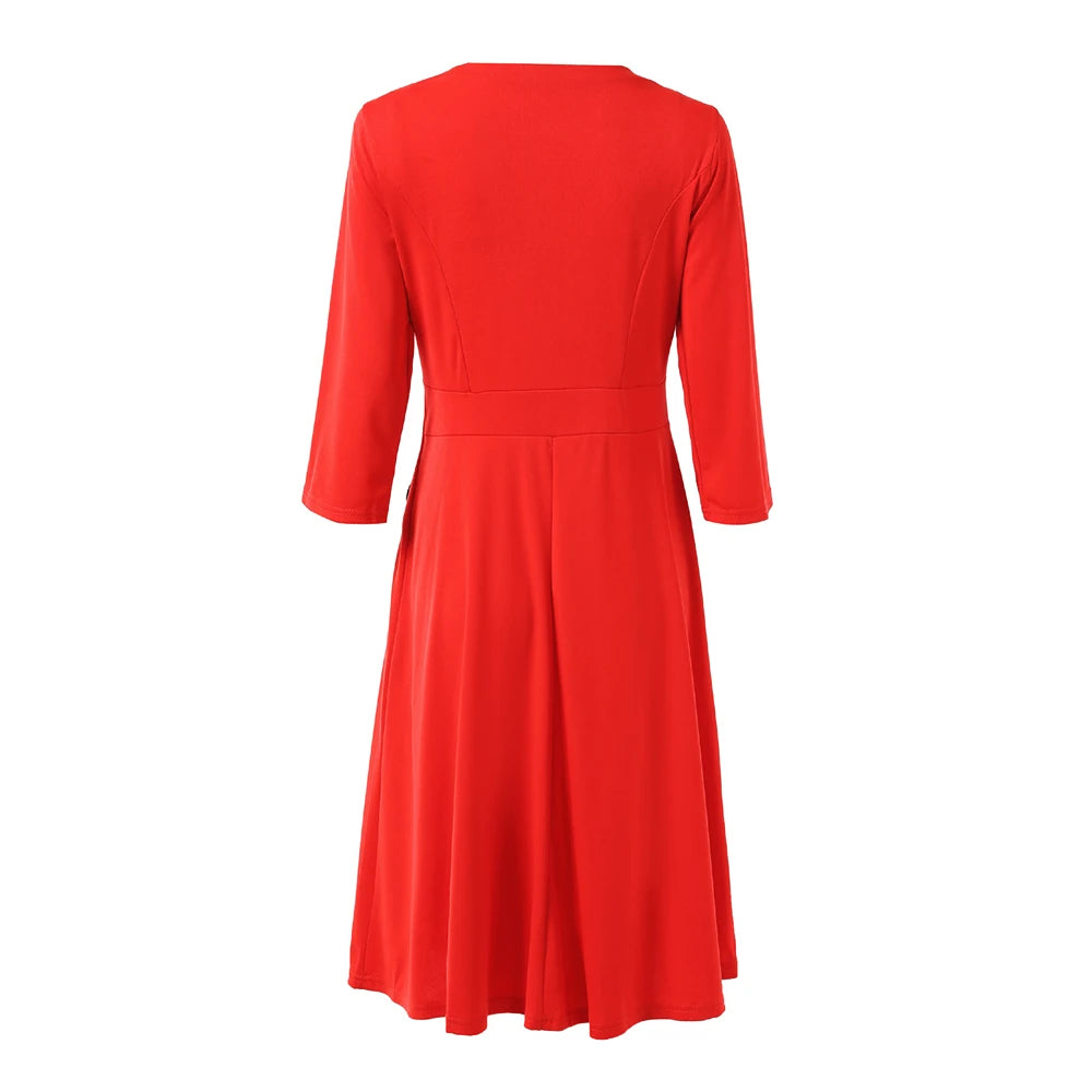 Elegant Solid A-Line Dresses for Women Fashion O-Neck Single-Breasted Design Pockets Decor High Waist Party Dress Slim Vestidos
