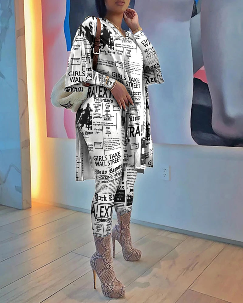 2025 Women Spring Autumn Casual Loose 2 Piece Set Women Outfits Women'S Newspaper Print Tops And Pants High Waist Casual Suit