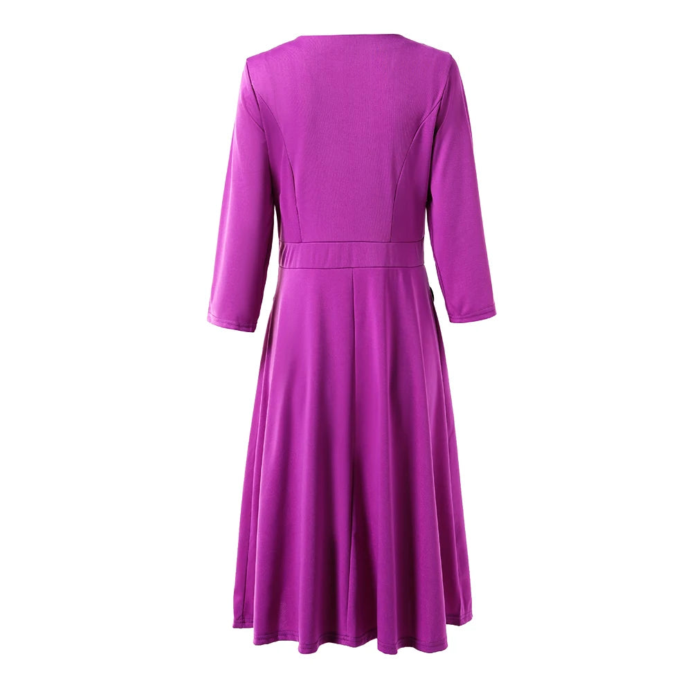 Elegant Solid A-Line Dresses for Women Fashion O-Neck Single-Breasted Design Pockets Decor High Waist Party Dress Slim Vestidos