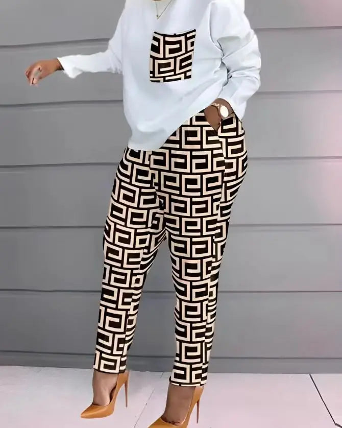 Autumn Casual Printed 2 Piece Outfit Women Fashion Sport Two Piece Set Long Sleeve T Shirt Tops Pants Suit Women Tracksuit Sets.