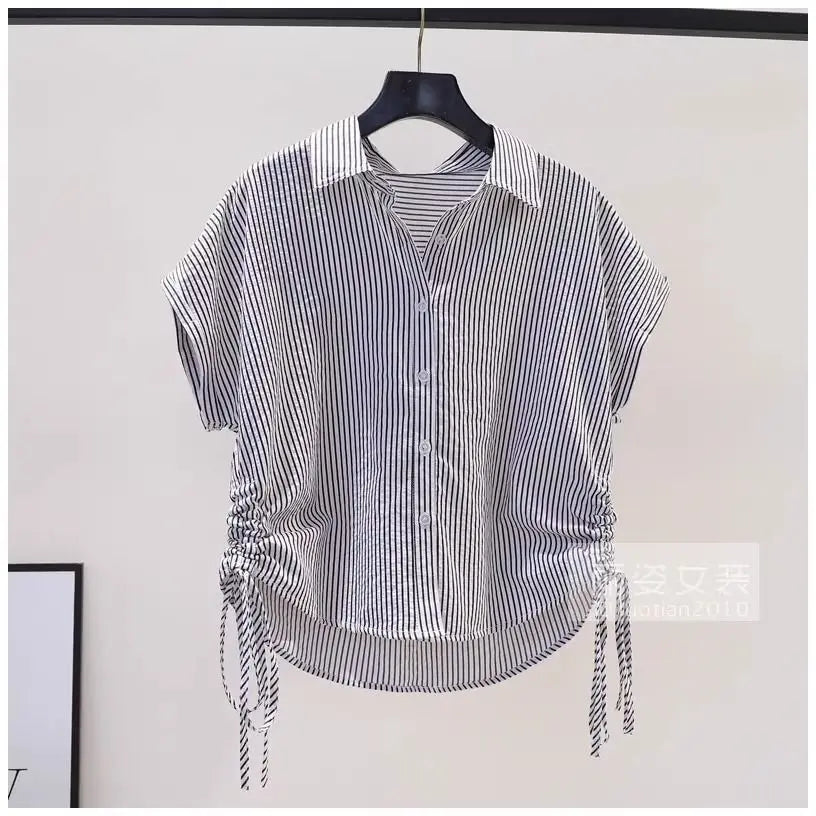 Drawstring Striped Street Casual Short Shirt Tops Summer New Short Sleeve Polo Neck Fashion Blouse Vintage Elegant Women Clothes