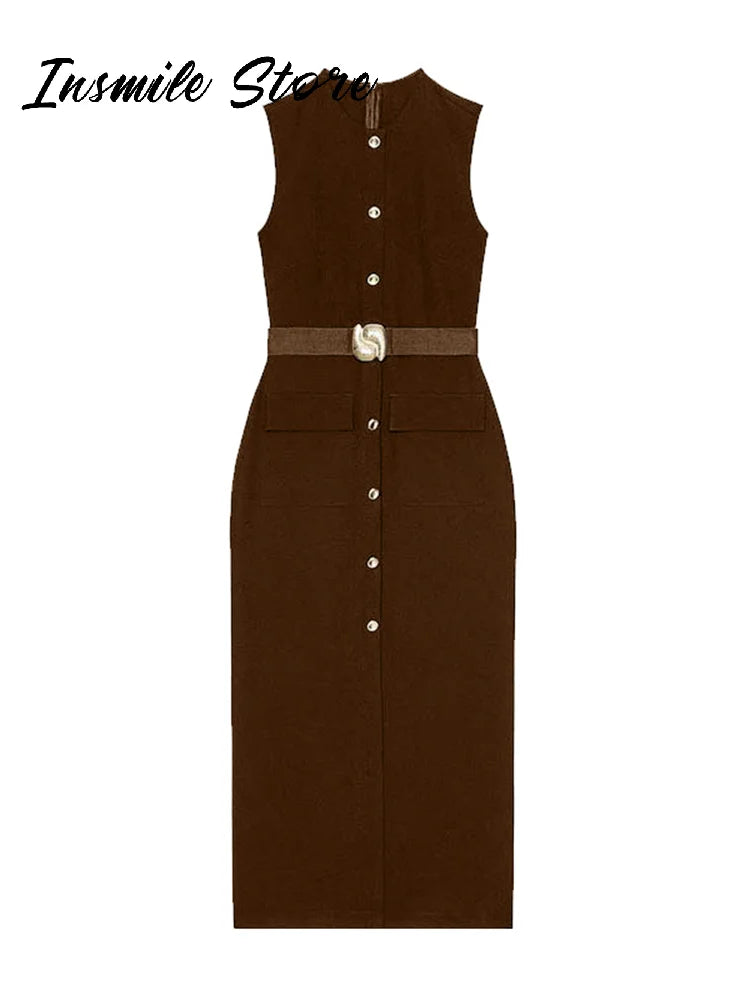 Elegant Black With Belt Women Dress O-neck Sleeveless Single Breasted Slim Female Maxi Dresses 2025 Summer New Chic Lady Robe