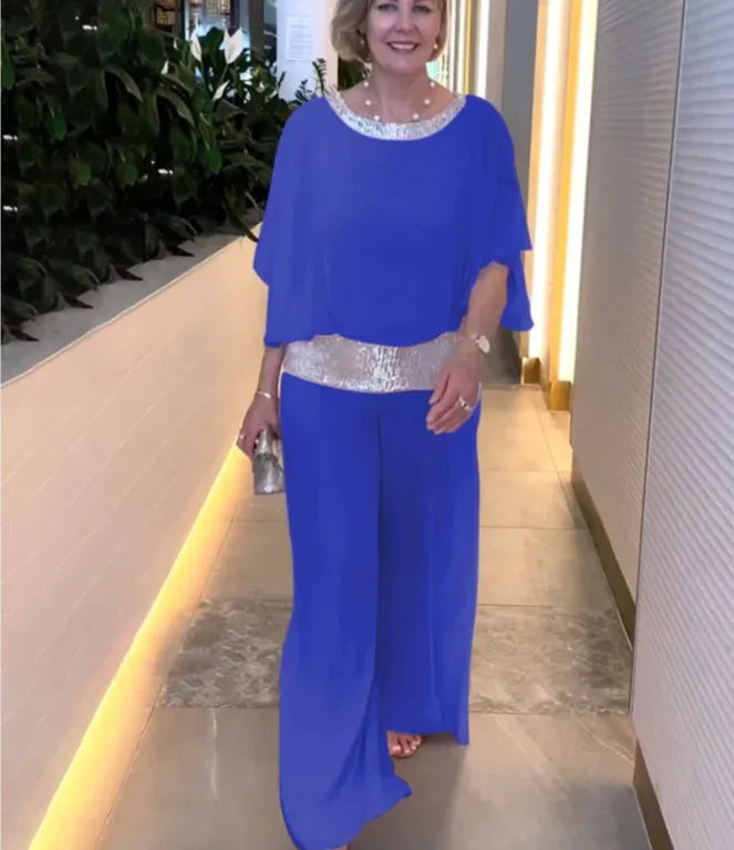 Fashion Sequined Pink Set For Women Elegant Office Lady O-neck Suit Summer Casual Bat Sleeve Top + Wide Leg Pants 2-piece Sets