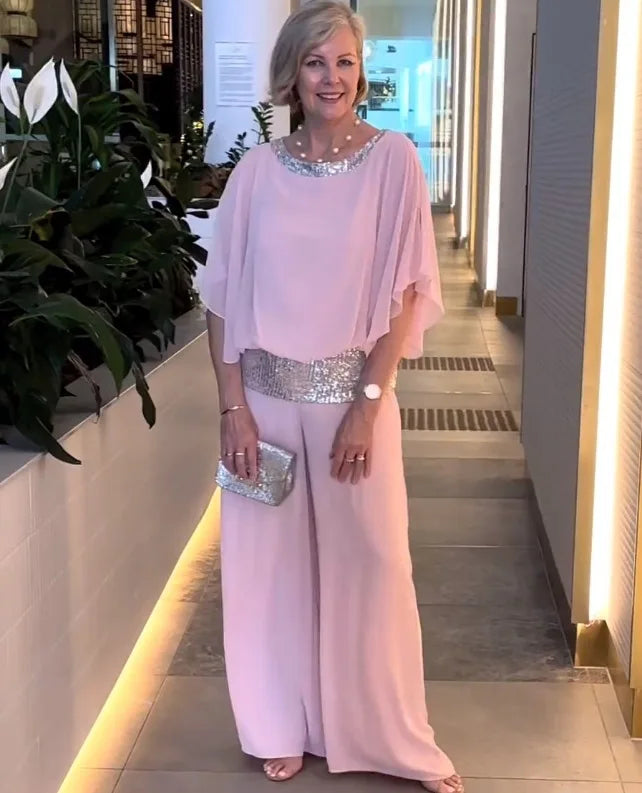 Fashion Sequined Pink Set For Women Elegant Office Lady O-neck Suit Summer Casual Bat Sleeve Top + Wide Leg Pants 2-piece Sets