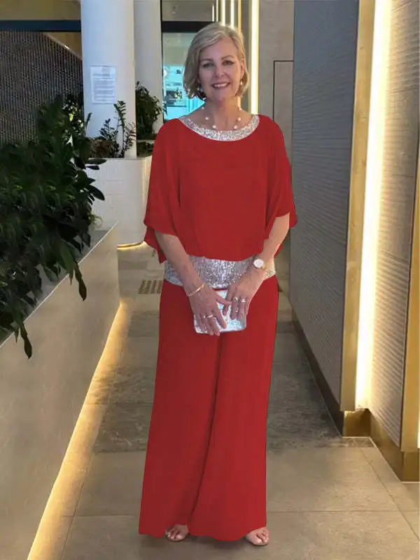 Fashion Sequined Pink Set For Women Elegant Office Lady O-neck Suit Summer Casual Bat Sleeve Top + Wide Leg Pants 2-piece Sets