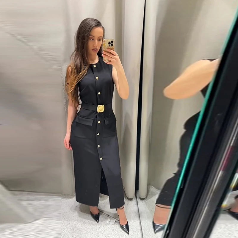 Elegant Black With Belt Women Dress O-neck Sleeveless Single Breasted Slim Female Maxi Dresses 2025 Summer New Chic Lady Robe