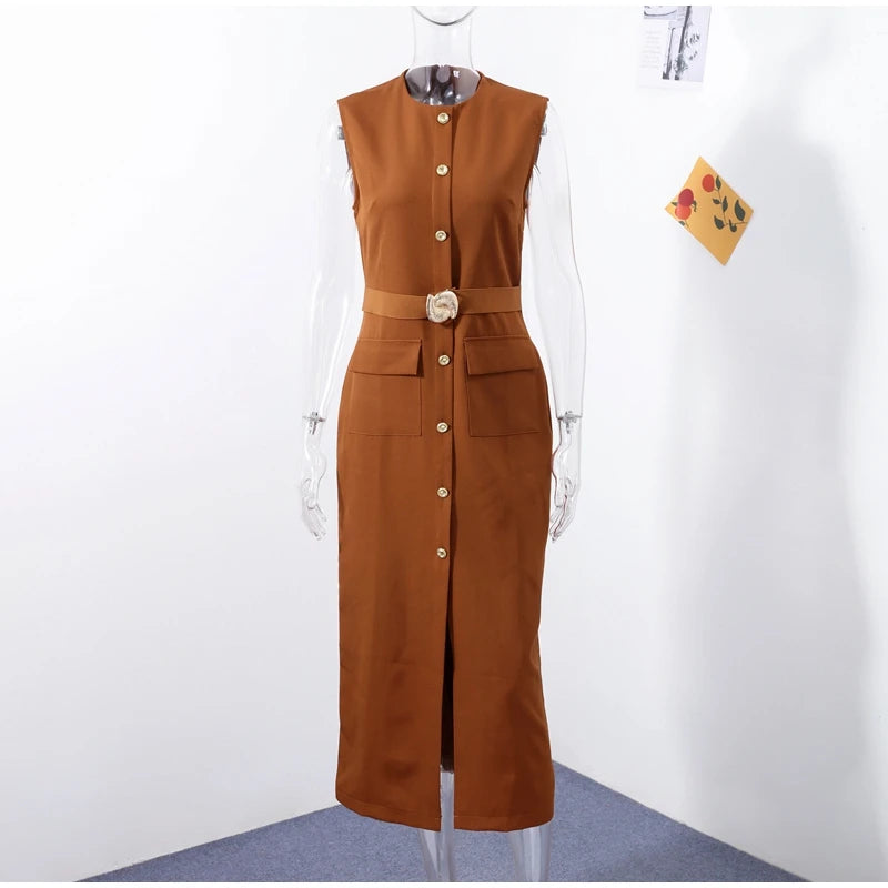 Elegant Black With Belt Women Dress O-neck Sleeveless Single Breasted Slim Female Maxi Dresses 2025 Summer New Chic Lady Robe