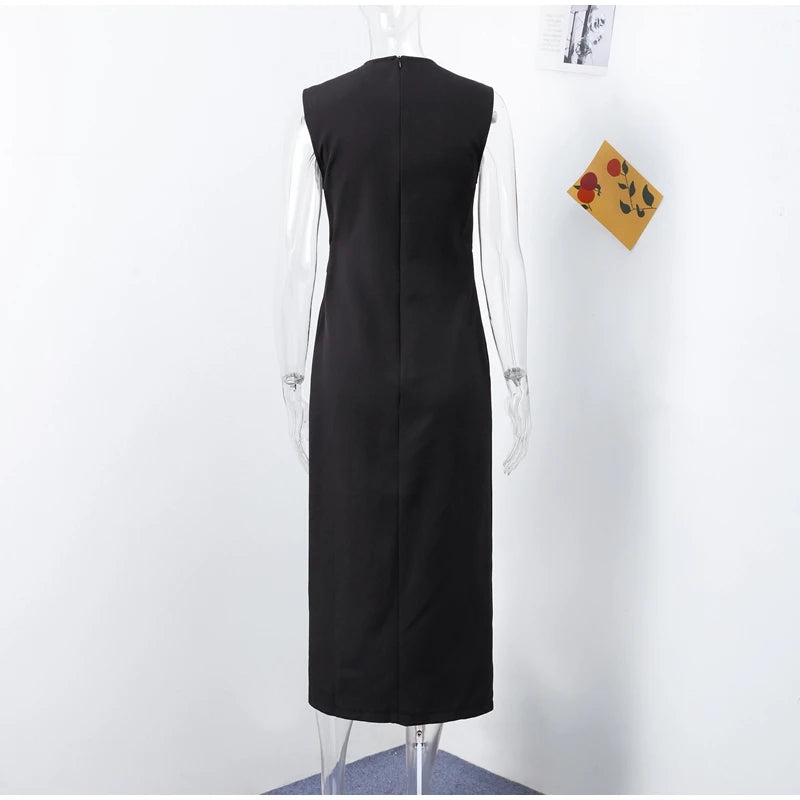 Elegant Black With Belt Women Dress O-neck Sleeveless Single Breasted Slim Female Maxi Dresses 2025 Summer New Chic Lady Robe