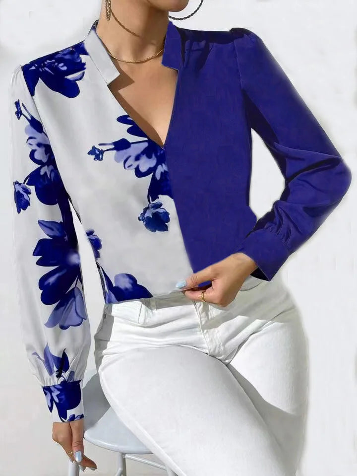 Long Sleeve Blue Flower Print Blouse Women 2024 Spring And Autumn Ladies Tops Elegant Work Office Casual Shirt Blouse