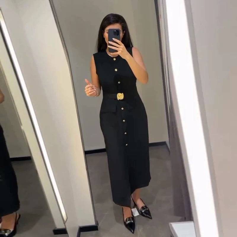 Elegant Black With Belt Women Dress O-neck Sleeveless Single Breasted Slim Female Maxi Dresses 2025 Summer New Chic Lady Robe