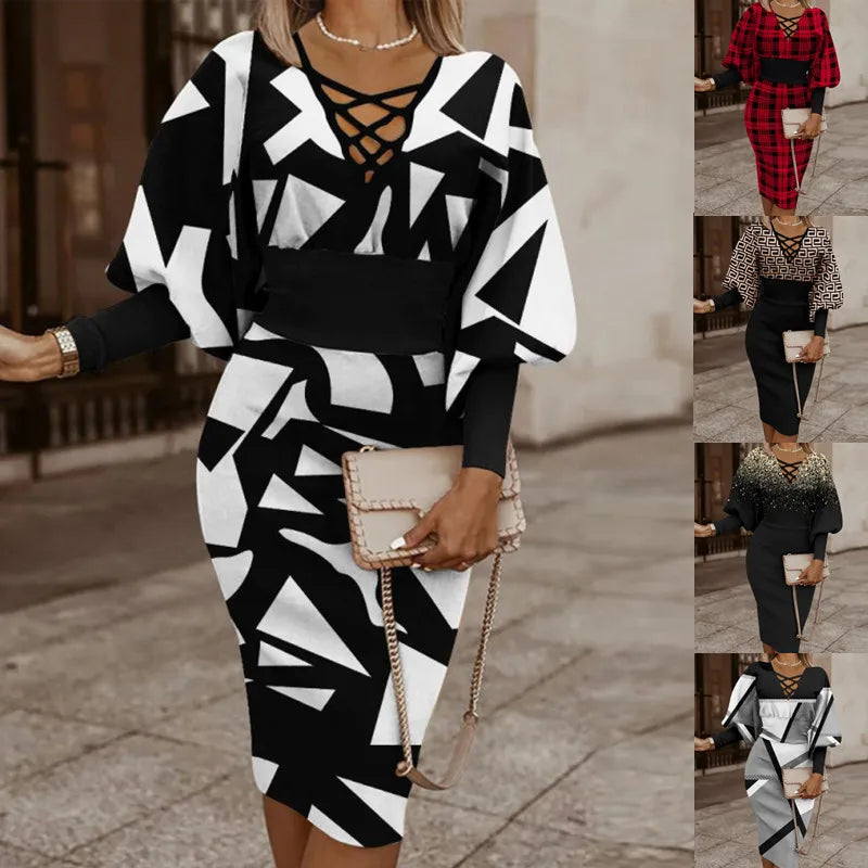 Elegant Long-sleeved V-neck Waist Dress For Women Fashionable Autumn Winter Slim Vintage Printing Hip-covering Dresses Female