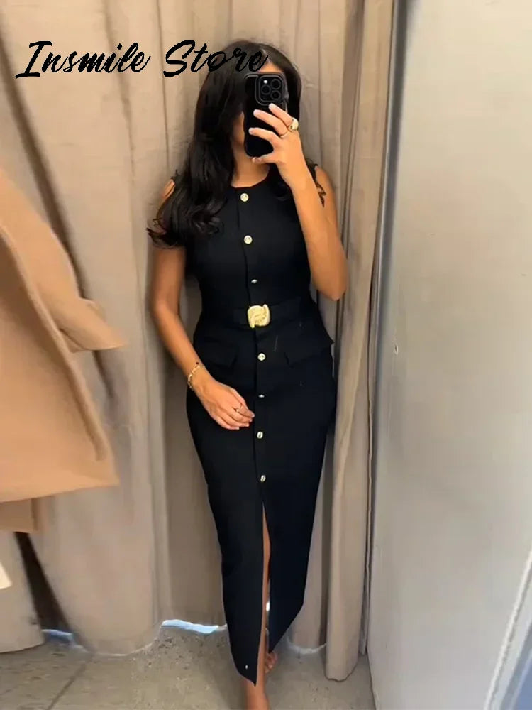 Elegant Black With Belt Women Dress O-neck Sleeveless Single Breasted Slim Female Maxi Dresses 2025 Summer New Chic Lady Robe
