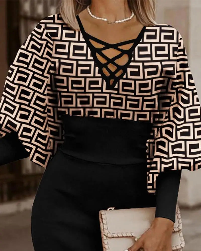 Elegant Long-sleeved V-neck Waist Dress For Women Fashionable Autumn Winter Slim Vintage Printing Hip-covering Dresses Female