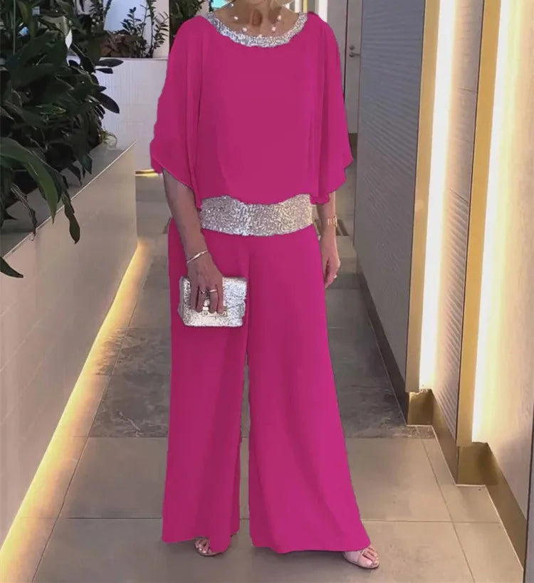 Fashion Sequined Pink Set For Women Elegant Office Lady O-neck Suit Summer Casual Bat Sleeve Top + Wide Leg Pants 2-piece Sets