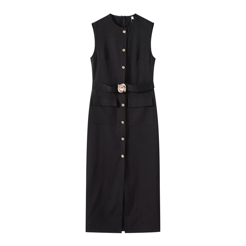 Elegant Black With Belt Women Dress O-neck Sleeveless Single Breasted Slim Female Maxi Dresses 2025 Summer New Chic Lady Robe