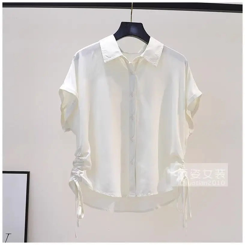 Drawstring Striped Street Casual Short Shirt Tops Summer New Short Sleeve Polo Neck Fashion Blouse Vintage Elegant Women Clothes