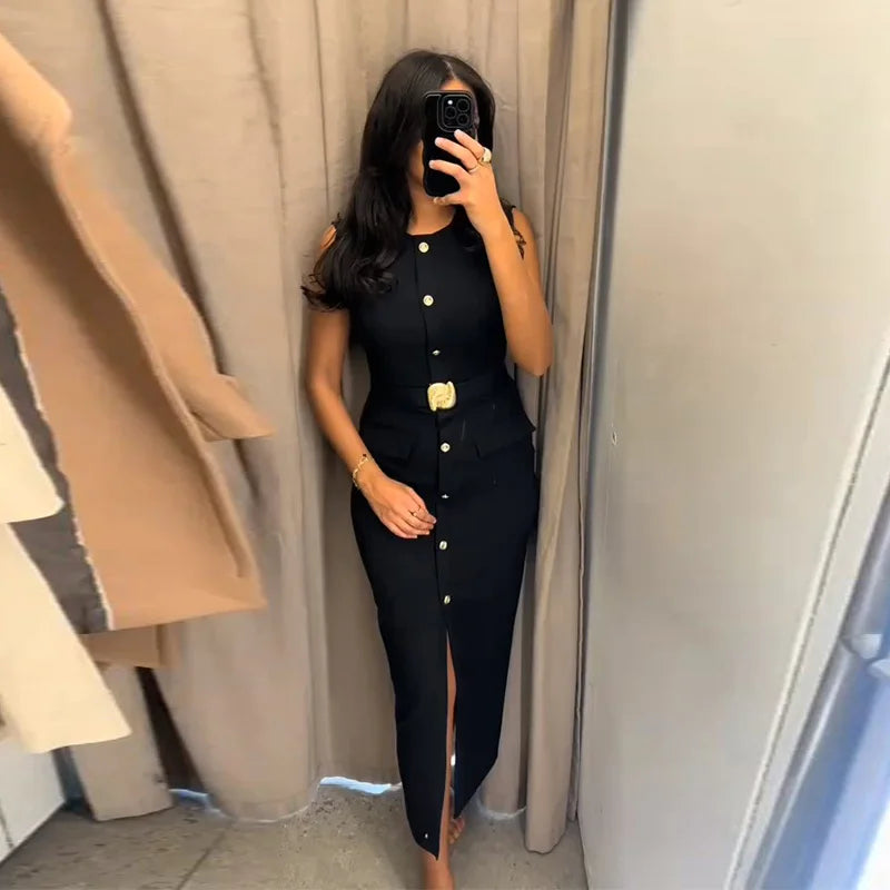Elegant Black With Belt Women Dress O-neck Sleeveless Single Breasted Slim Female Maxi Dresses 2025 Summer New Chic Lady Robe