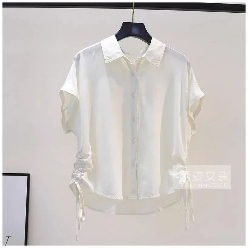 Drawstring Striped Street Casual Short Shirt Tops Summer New Short Sleeve Polo Neck Fashion Blouse Vintage Elegant Women Clothes