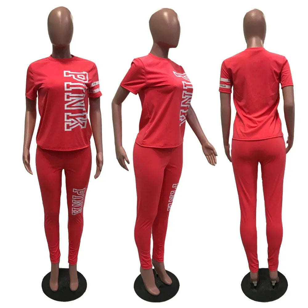 Pant Sets Tracksuits Fashion 2 Piece Sets Women Outfits Pink Letter Print O Neck Short Sleeve T Shirt Top Long Pants Suits