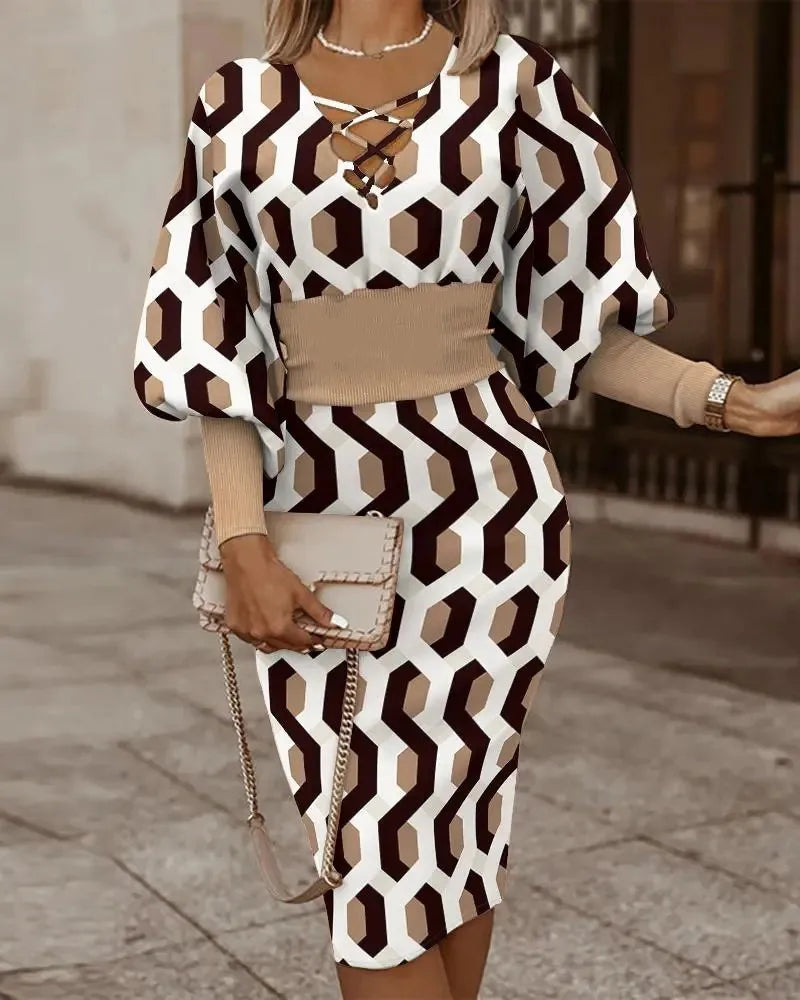 Elegant Long-sleeved V-neck Waist Dress For Women Fashionable Autumn Winter Slim Vintage Printing Hip-covering Dresses Female