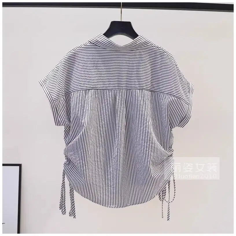 Drawstring Striped Street Casual Short Shirt Tops Summer New Short Sleeve Polo Neck Fashion Blouse Vintage Elegant Women Clothes