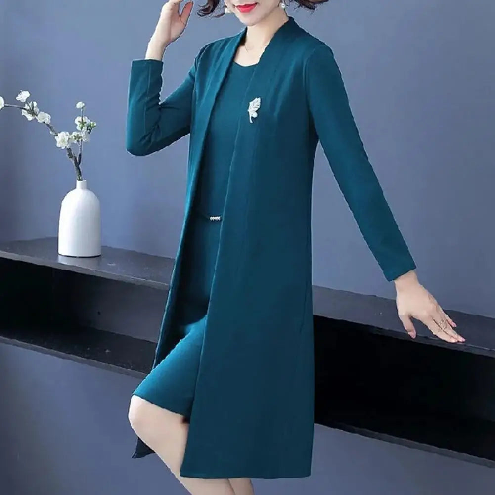 Solid Color Long Sleeve Coat Elegant Middle-age Ladies Dress Coat Suit with Open Front Long Cardigan Dress Kit for Spring Fall