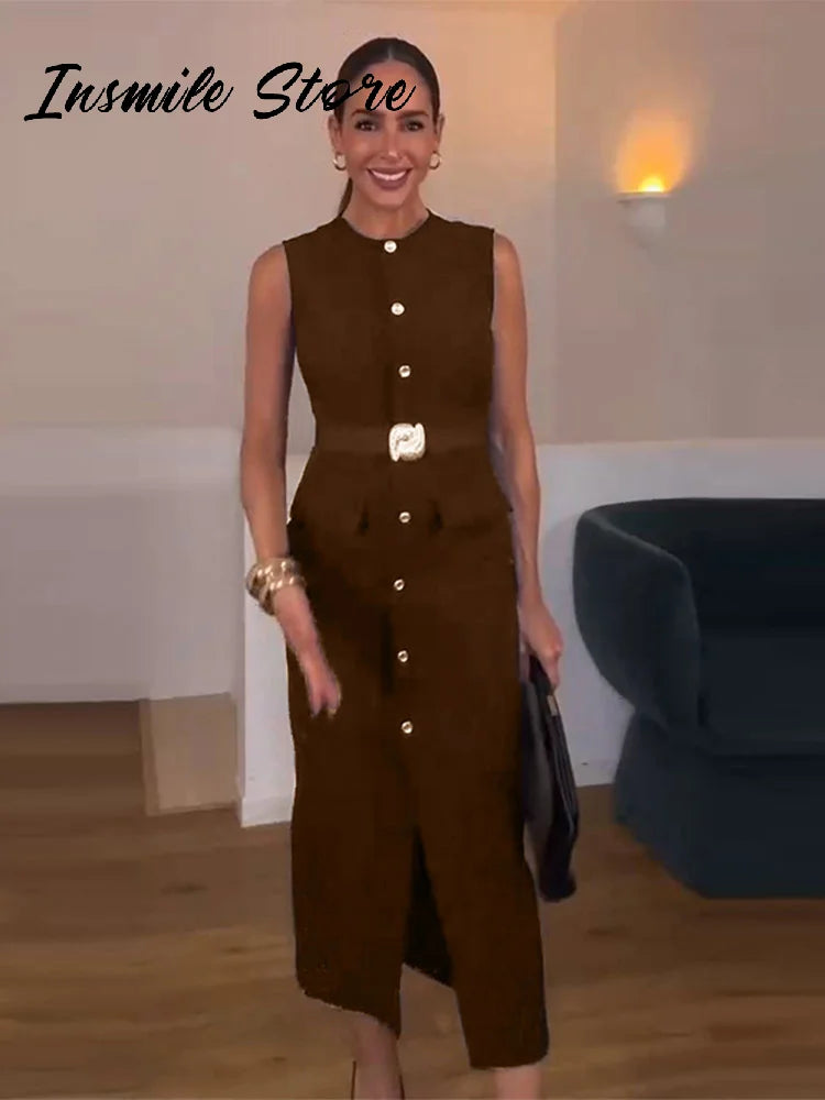 Elegant Black With Belt Women Dress O-neck Sleeveless Single Breasted Slim Female Maxi Dresses 2025 Summer New Chic Lady Robe