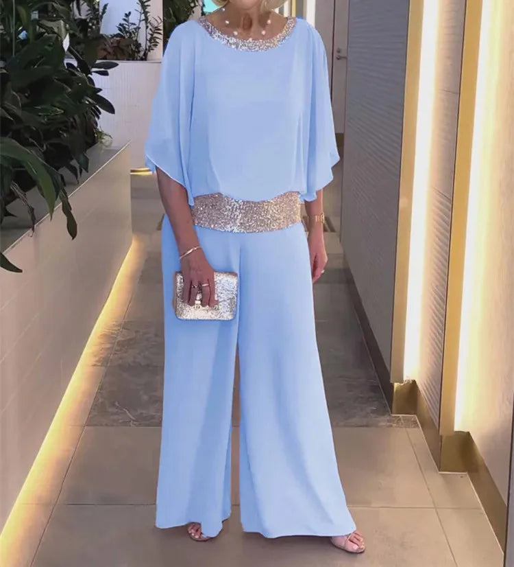 Fashion Sequined Pink Set For Women Elegant Office Lady O-neck Suit Summer Casual Bat Sleeve Top + Wide Leg Pants 2-piece Sets