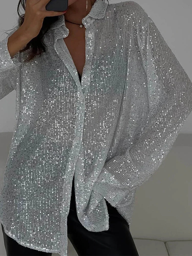 Tossy Sequin Loose Fashion Shirts Female Casual Lapel Cardigan Summer Clothes New Outwear Glitter Party Blouse Luxury Women's