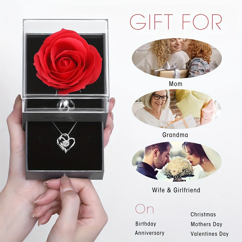 Exquisite Simulation Rose Box & Heart Necklace - Perfect for Women - Anniversary, Birthday, Christmas, Mothers Day Gifts