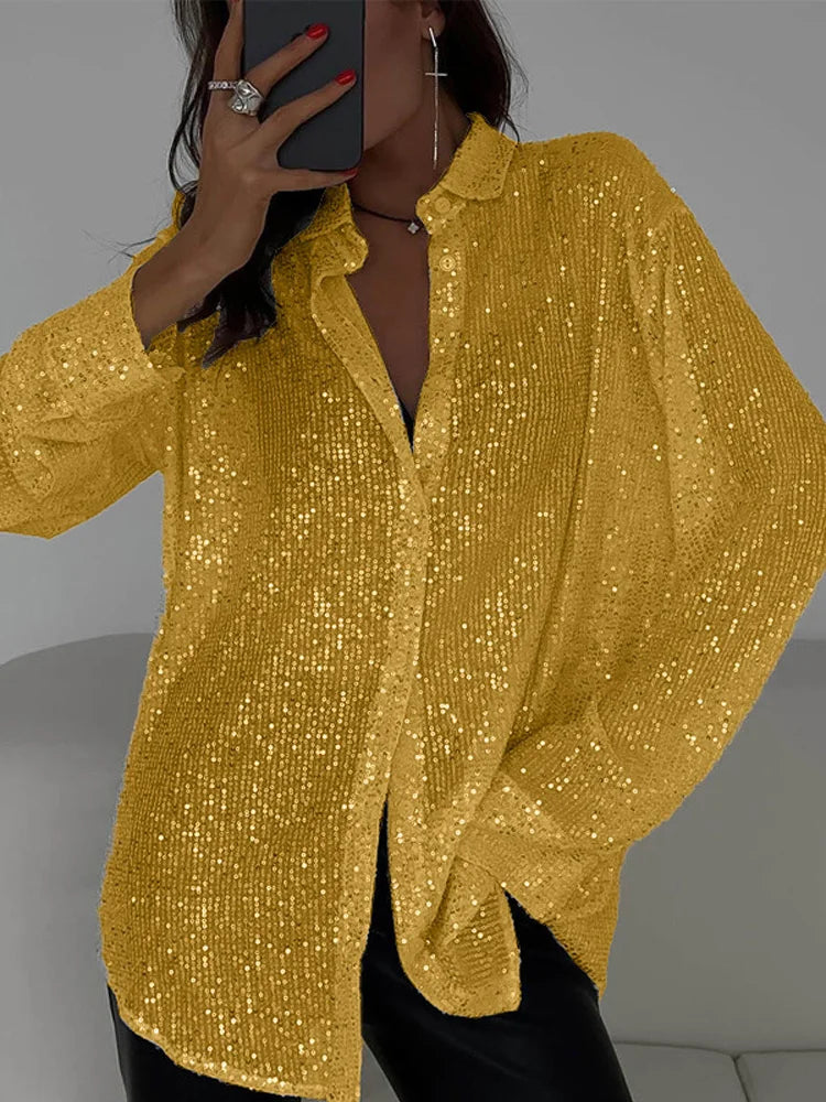 Tossy Sequin Loose Fashion Shirts Female Casual Lapel Cardigan Summer Clothes New Outwear Glitter Party Blouse Luxury Women's