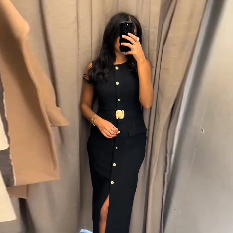 Elegant Black With Belt Women Dress O-neck Sleeveless Single Breasted Slim Female Maxi Dresses 2025 Summer New Chic Lady Robe