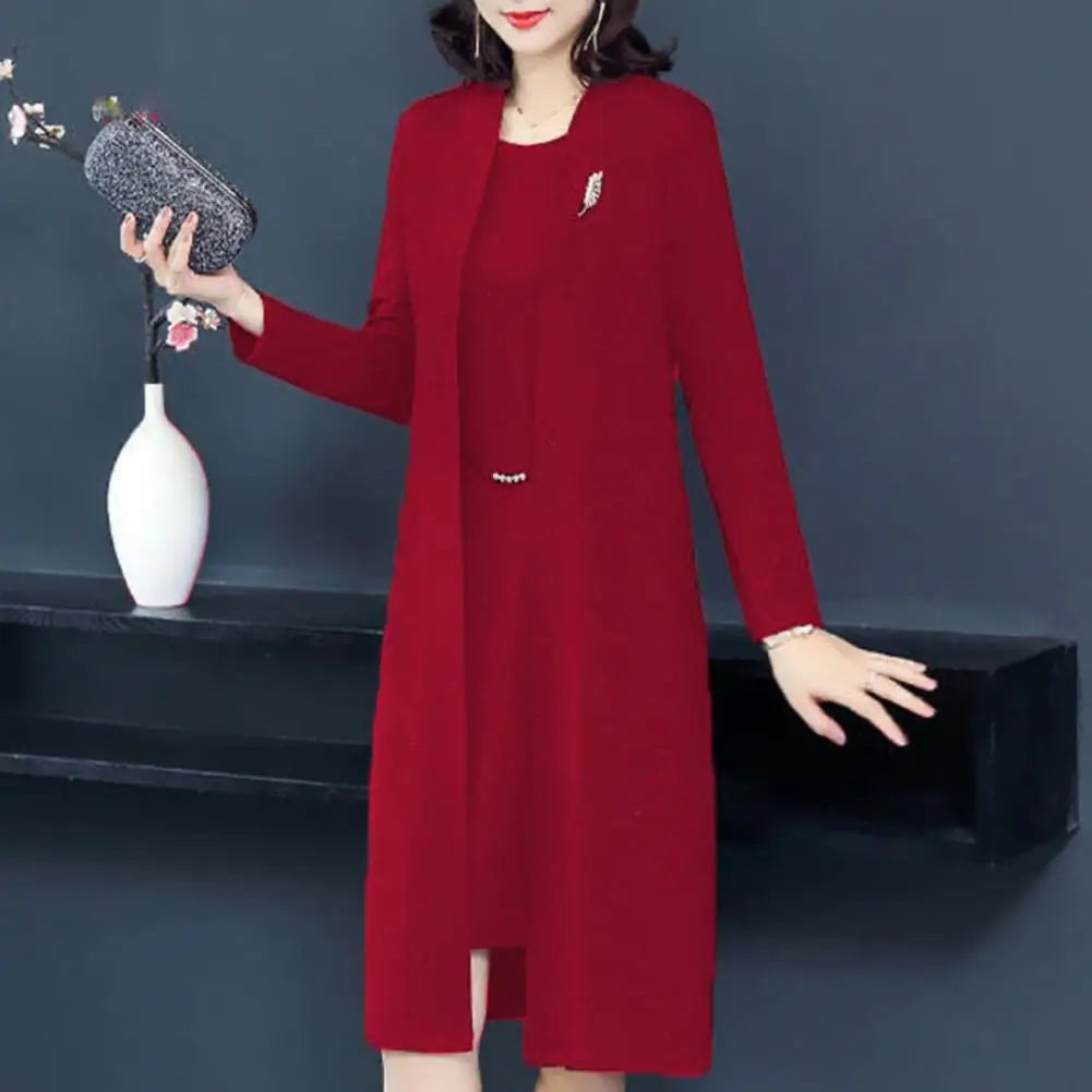Solid Color Long Sleeve Coat Elegant Middle-age Ladies Dress Coat Suit with Open Front Long Cardigan Dress Kit for Spring Fall