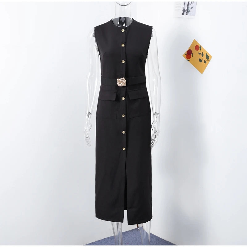 Elegant Black With Belt Women Dress O-neck Sleeveless Single Breasted Slim Female Maxi Dresses 2025 Summer New Chic Lady Robe