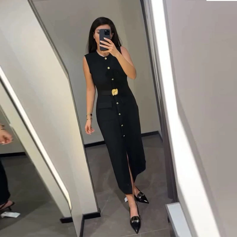 Elegant Black With Belt Women Dress O-neck Sleeveless Single Breasted Slim Female Maxi Dresses 2025 Summer New Chic Lady Robe