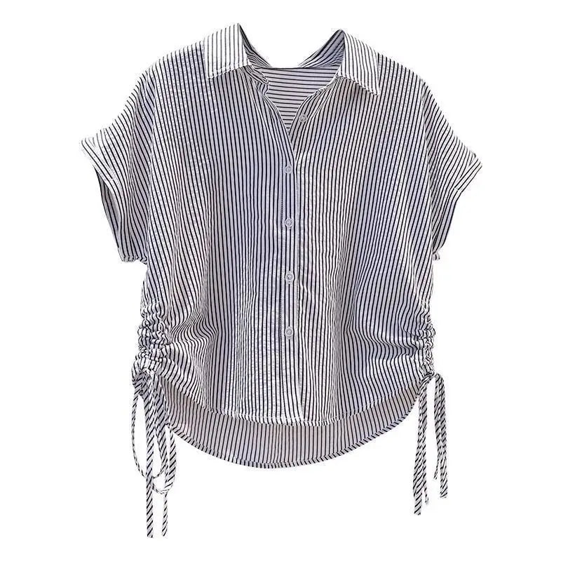 Drawstring Striped Street Casual Short Shirt Tops Summer New Short Sleeve Polo Neck Fashion Blouse Vintage Elegant Women Clothes