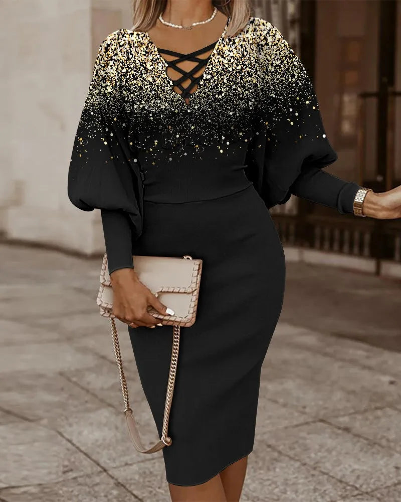 Elegant Long-sleeved V-neck Waist Dress For Women Fashionable Autumn Winter Slim Vintage Printing Hip-covering Dresses Female