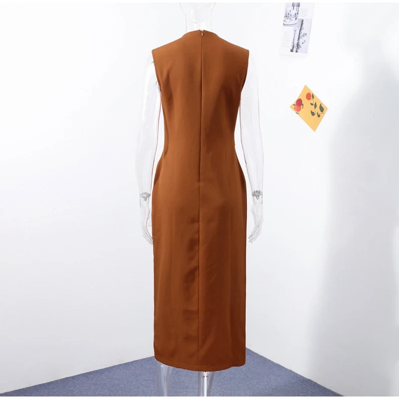 Elegant Black With Belt Women Dress O-neck Sleeveless Single Breasted Slim Female Maxi Dresses 2025 Summer New Chic Lady Robe