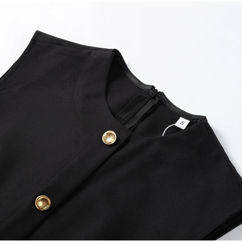 Elegant Black With Belt Women Dress O-neck Sleeveless Single Breasted Slim Female Maxi Dresses 2025 Summer New Chic Lady Robe