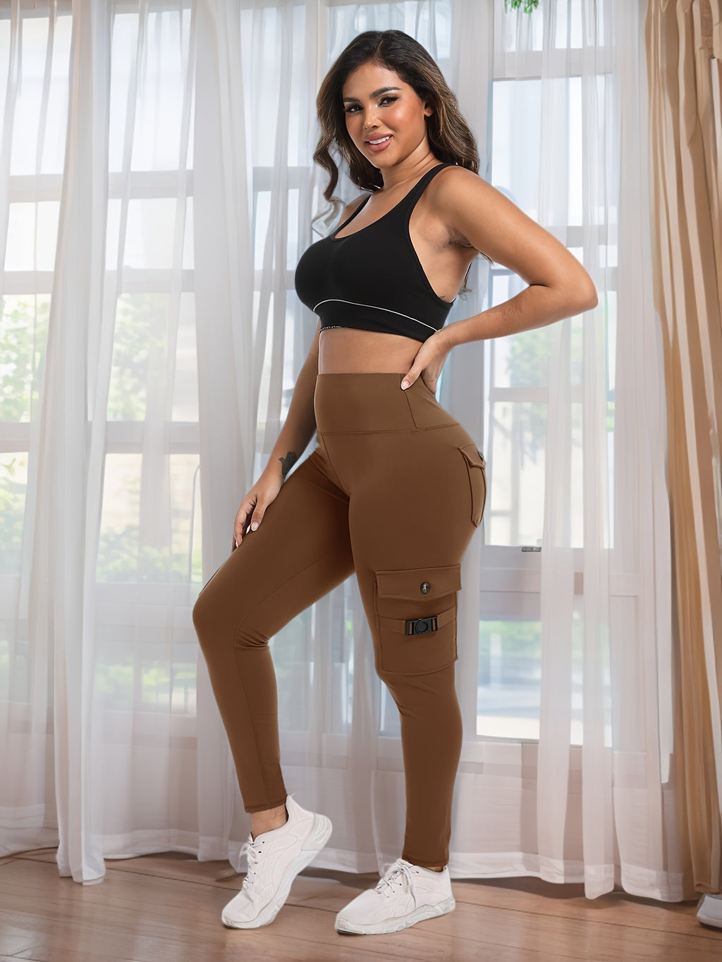 2-Pack High-Waisted Cargo Yoga Leggings with Slide Buckle Pockets - Tummy Control, 4 Pockets, Breathable, Four-Way Stretch, Moisture-Wicking, Fitness Pants for Running, Gym, And Yoga Enthusiasts