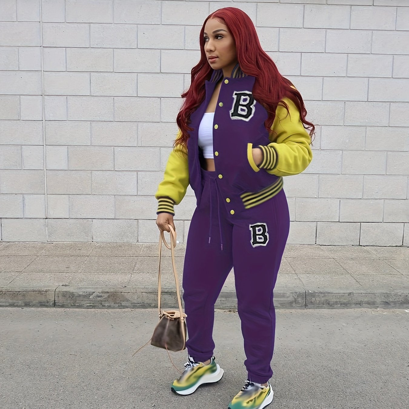 2pcs Women's Casual Crew Neck Varsity Jacket Set & Drawstring Jogger Pants - Smooth Polyester Fabric, 200g/m², Micro Elasticity - Fall/Winter Essentials | Applique Details | Machine Washable