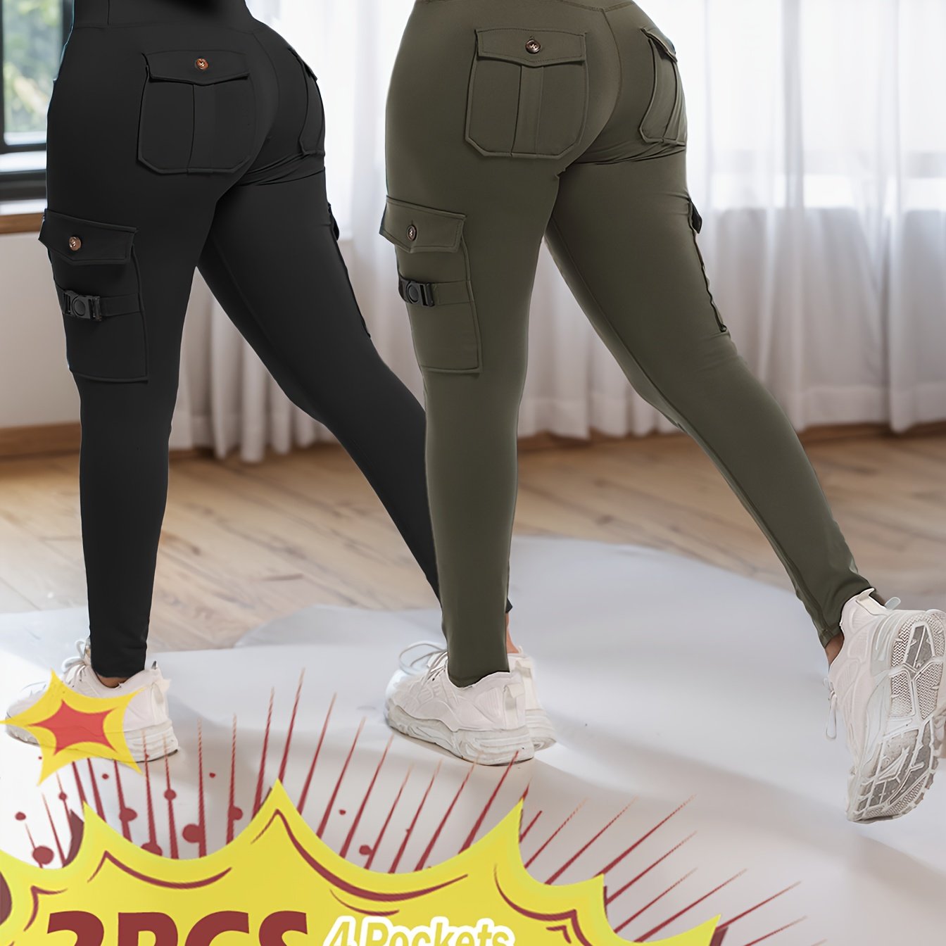 2-Pack High-Waisted Cargo Yoga Leggings with Slide Buckle Pockets - Tummy Control, 4 Pockets, Breathable, Four-Way Stretch, Moisture-Wicking, Fitness Pants for Running, Gym, And Yoga Enthusiasts